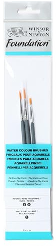 Winsor & Newton 5295011 Foundation Pinselsets, Aquarellpinsel, 3er Set, Rundpinsel Nr. 3, 5, Flachpinsel Nr.1 - kurzer Stiel, Pinsel für Aquarellfarbe