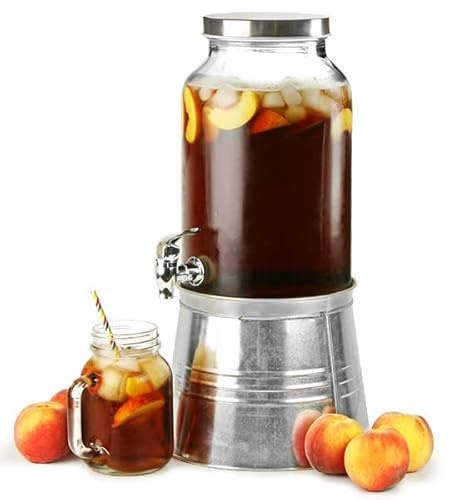 Mason Jar Drinks Dispenser with Ice Bucket Stand 5L / 176oz – Glass Beverage Dispenser with Tap & Galvanised Steel Ice Bucket Stand – Lemonade, Juice, Cocktail & Party Drinks Dispenser