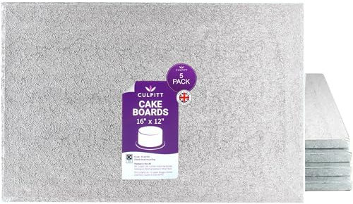 Culpitt 16 x 12 Cake Board | 5 Pack | Oblong Cake Drum, Rectangular, 0.5 Inch (13mm) Thick, Pack of 5 Boards For Tray Bakes, Cakes, And Cupcake Displays | Silver - Pack Of 5