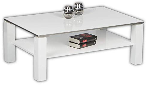 Stella Trading ROMY Moderner Couchtisch weiß Hochglanz - geräumiger Sofatisch mit zwei Ebenen für Ihren Wohnbereich - 110 x 41 x 70 cm (B/H/T)
