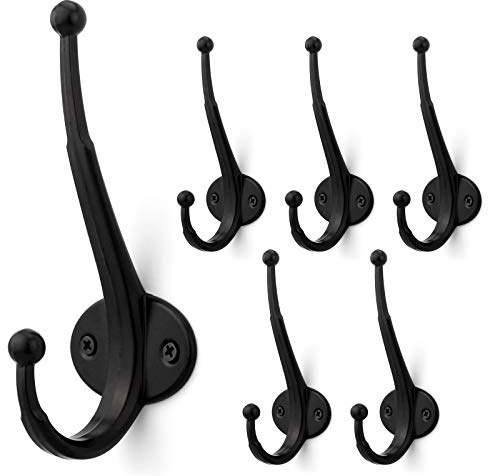 Arks Royal Heavy Duty Metal Coat Hook with Ball Ends, Thick Long Retro Prong Hat Hook Bath Towel Closet Clothes Hanger Rail Garment Holder, Flat Black, 6 PCS