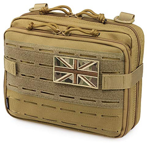 WYNEX Tactical Molle Admin Pouch of Laser Cut Design, Utility Pouches Molle Attachment Medical EMT Organizer with Map Pocket Tool Holder UK Flag Patch Included