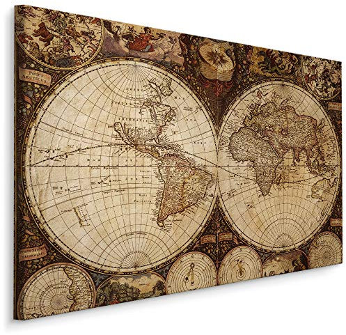 Muralo Cuadros de mapa del mundo, 100 x 70 cm, sobre lienzo, decoración para habitación antigua, dormitorio, salón, decoración de pared, diseño de globo terráqueo retro