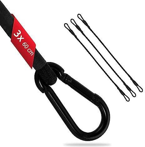 ECENCE 3er Set Spanngummi mit Karabiner aus Edelstahl - starker Expander 60cm in Schwarz, extra stabile Spanngurte mit Haken, Spannseil für Fahrrad, Gepäck