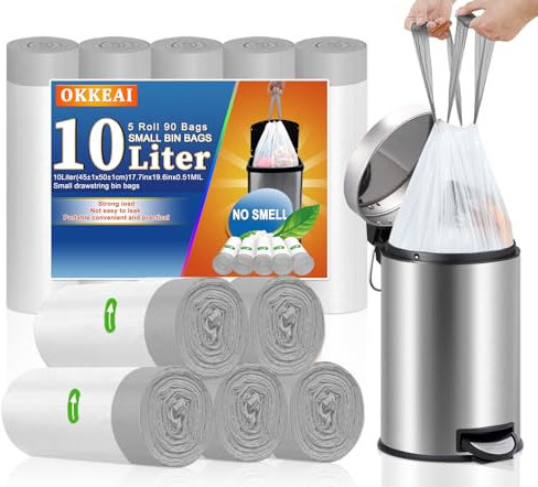 OKKEAI 10L Bin Liners - Bathroom Bin Bags with Handle & Tie, Fit 8L-15L Garbage Bin (White, 90 Bags) - Suitable for Office, Toilet, Kitchen