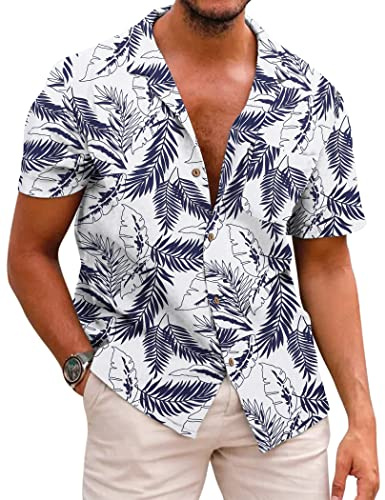COOFANDY Hawaiianska blommiga skjortor för män bomull linne button down tropisk semester strandskjortor, F - Palmblad, 3XL