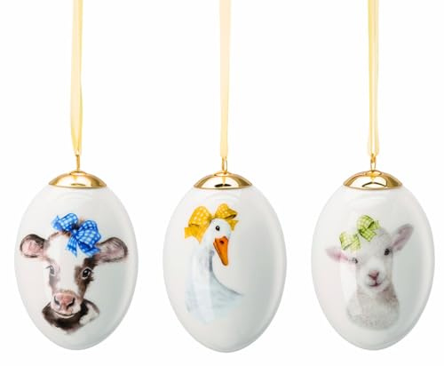 Hutschenreuther Geschenkserie Farm Life Set 3 Porzellan-Eier Osterdekoration Limitierte Geschenkserie aus Porzellan 7cm Kuh, Gans, Lamm mit Schleife Motiv, Weiß