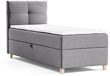 Sofnet Boxspringbett Candy Mini mit Bettkasten und Topper - Jugendbett, Kinderbett, Einzelbett mit Bonell-Matratze und Topper, Bett mit Holzfüße (Grau (Soro 90), 100 x 200 cm)
