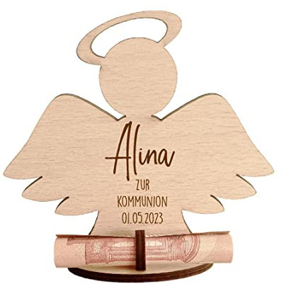 minimutz Personalisiertes Geldgeschenk Kommunion | Gravierter Engel aus Holz zum Geld verschenken und verpacken mit Namen | Kommunionsgeschenk für Kinder Mädchen Jungen
