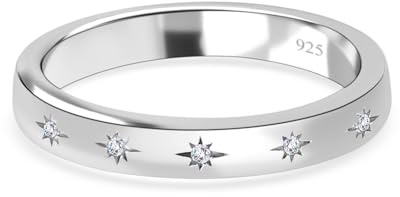 TJC Silver Rings for Women 925 Sterling Silver Wedding Band Ring, Natural Diamond Studded Star Motif Stackable Ring, Half Eternity Promise Ring with Platinum Plating, Ladies Rings, Jewellery Gift M