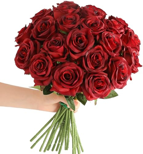 Tifuly Red Roses Artificial Flowers - 12 pcs Realistic Long Stem Fake Roses Faux Silk Flowers for DIY Bouquets Wedding Centerpieces Arrangements Home Party Decor（Burgundy）