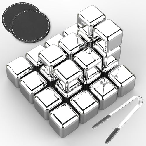 24 Pack Stainless Steel Ice Cubes Reusable - Ice Cubes Stainless with Ice Tongs and Whiskey Stones - Gifts for Men Dad Christmas for Drinks, Whiskey, Vodka, Chilling Rocks, Chilling Rocks for Drinks