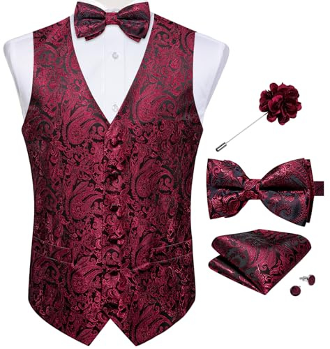 DiBanGu Herren-Paisley-Anzugweste, Seidenkleid, Weste und Fliege, Einstecktuch, Manschettenknöpfe mit Anstecknadel, Set für Hochzeits-Smoking, Paisleymuster, Rot und Schwarz, X-Large