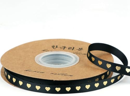 Wisafory Satinband 45m x 10mm Herz Bedrucke Dekoband Geschenkband Gold Leinenband Satin Schleifenband Stoffband Zierband für DIY Basteln Hochzeit Geburtstag Geschenkverpackung Schwarz