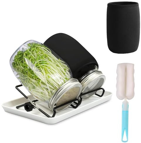 Redomway Sprouting Jar Kit, 2 Pcs 32 Oz Wide Mouth Sprouting Jars with Screen Sprout Lid,Sprouting Jar Stand,Tray,Blackout Sleeves,and Canning Brush for Growing Broccoli, Mung Bean