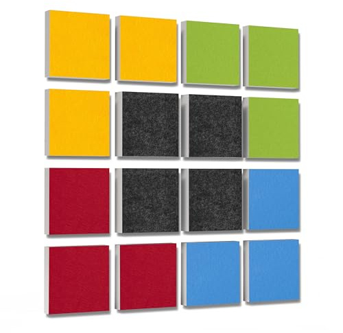 platino24 Akustikpaneele 16 Elemente 3D-Set Colore Quadrat 27,5 x 27,5 cm Multicolore I Schallabsorber aus Basotect G+ mit Akustikfilz I Schalldämmung Wand & Decke I Akustikelemente Wandpaneel