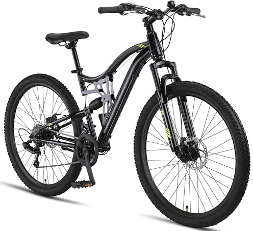 Chillaxx Falcon VTT de 24 et 26, pour garçons, filles, femmes et hommes, freins à disque, dérailleur à 21 vitesses, suspension complète, (27,5, noir)