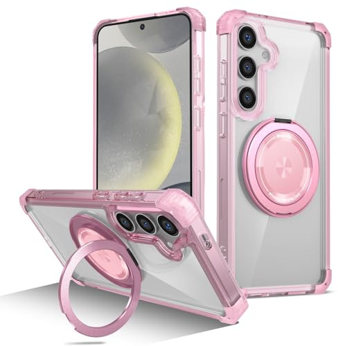 Kainevy for Samsung S24 Plus Case Clear with Stand Metal Ring Holder [Compatible with MagSafe] Samsung Galaxy S24 Plus Case Magnetic Slim Transparent Rugged Phone Cover for Women Men (Pink)