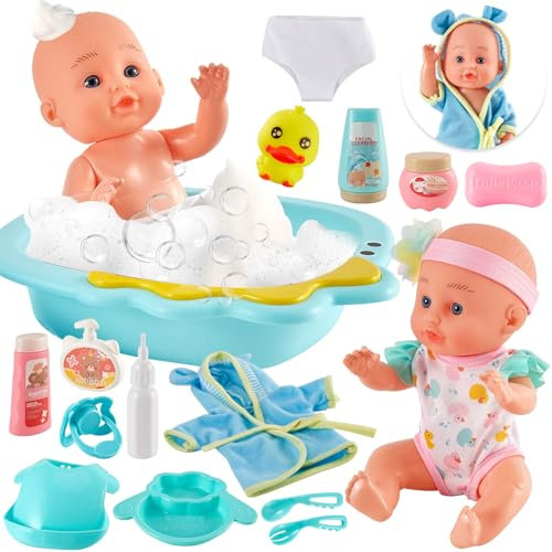 LINFUN KIDS Poupée Enfant Bébé Accessoires Poupon Baignoires Bain Jouet avec Biberon, Tétine, Poupée Vêtements, Poupon Interactif Jeu de Rôle pour Enfant Filles Garçons 3 4 5 Ans