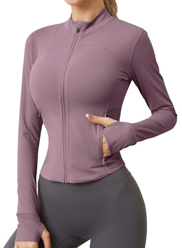 IECCP Giacca sportiva da donna, a maniche lunghe, per yoga, fitness, sport, con due tasche con cerniera, leggera, con foro per il pollice, lilla rosa, S