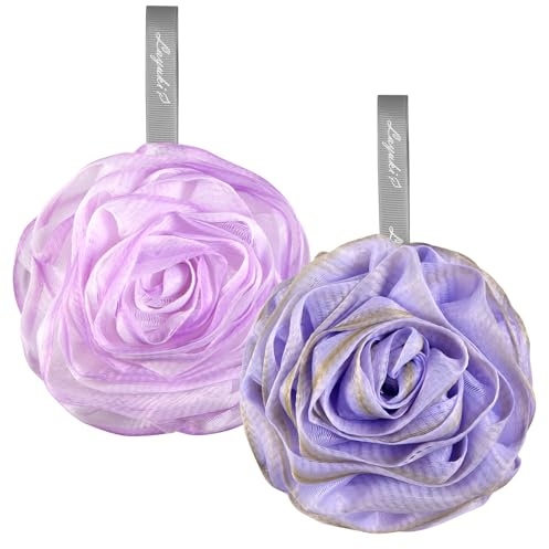 LAYUKI Bath Loofah, Shower Loofah, Body Loofah, Bath Sponge, Shower Sponge, Body Sponge, Bath Scrubber, Shower Scrubber, Body Scrubber, Rose-Shaped, Elegant (Set of 2 Pieces,Purple and Grey)