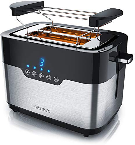 Arendo - Toaster 2 Scheiben Edelstahl - Touchdisplay – mit Brötchenaufsatz - extra breite Schlitze – 7 Bräunungsstufen – einseitige Bräunungsfunktion für Brötchen Bagels und Baguettehälften