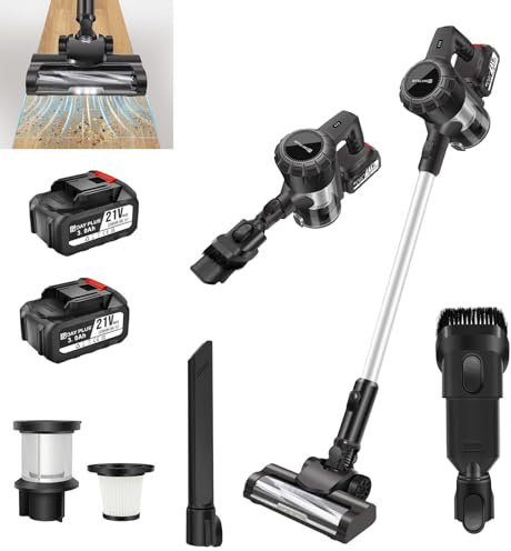 Bowose Aspirateur sur pied sans fil, 15000 Pa avec double batterie et support mural, puissant avec projecteur LED pour poils d'animaux, tapis, sols durs