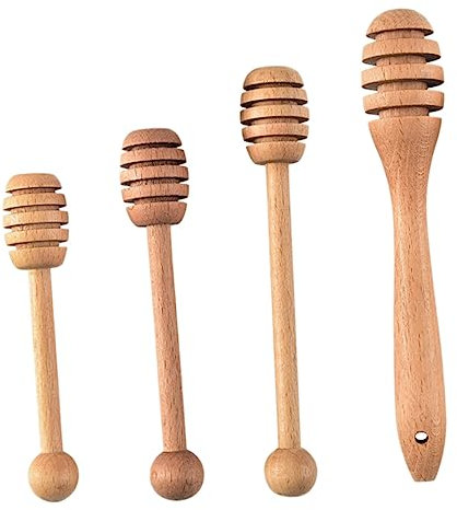 Amosfun 4pcs Wooden Honey Stirrer Spoon Honey Dipper Sticks for Tea Juice Stirrer Server Deep Grooves