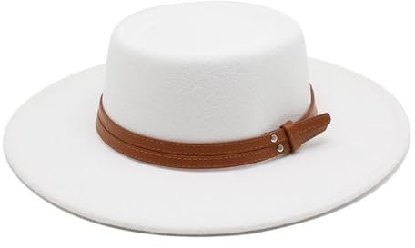 Französischer Wollhut mit doppelter Gürtelschnalle, Flacher Zylinder, Herbst und Winter, britischer Retro-Filzhut mit breiter Krempe(Weiß)