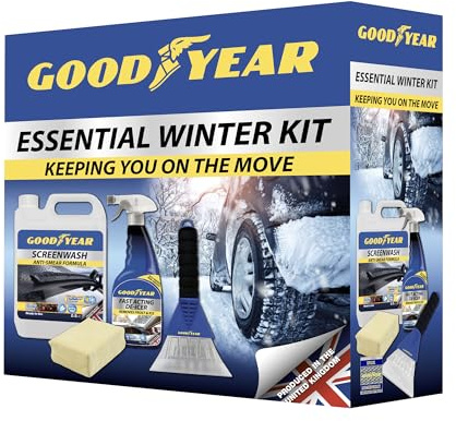 Goodyear Essential Winter Kit - 5L Anti-smear formula Screenwash| Fast acting de-icer| Demister pad and Ice scraper| Complete Winter Driving Solution| Durable & Compact| Ideal for Safe Winter Travel