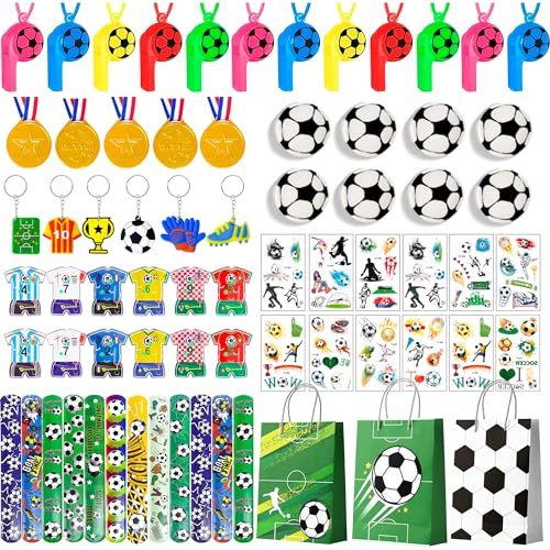 Fußball Party Mitgebsel Kinder, 96 Stücke Fußball Party Geschenke Set, Kindergeburtstag Fußball Mitgebse Fußball Party Trillerpfeife Schlüsselanhänger Medaillen Geschenke für Fussball Geburtstag Deko