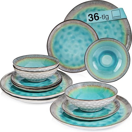 SÄNGER | Tafelservice Capri 36 tlg, Teller Set 12 Personen, Steingut Essgeschirr Plates Set Dessertteller Speiseteller & Schüsseln, Teller Handmade, Essservice Türkis Blau mit Grauem Rand