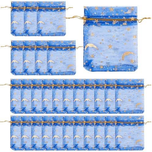 LJFEA 30 bolsitas de organza 7x9 cm, bolsas con cordón, multicolor para Navidad, bodas, cumpleaños, fiestas (estampado en caliente azul)