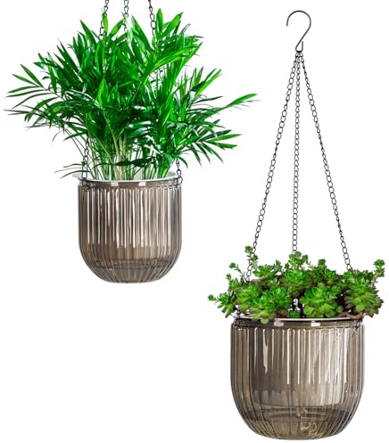 Josteve 5.3/8.2 Inch Self Watering Hanging Planter Indoor Plant Pots with Drainage Holes, Outdoor Small Hanging Planters Flower Pot Basket, Visible Water Level, Plant Hanger Home Decor, Gardening