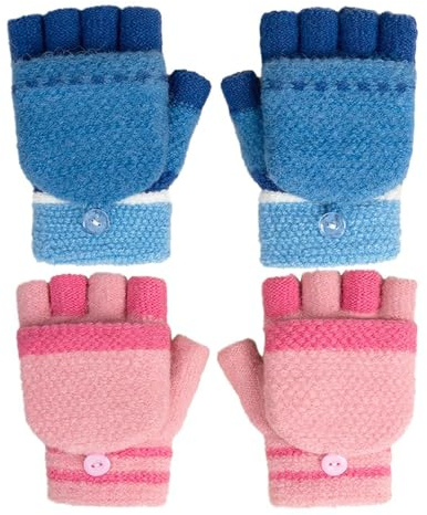 2 par stickade handskar för barn, fällbara fingerlösa handskar, varma vinterhandskar, fingerlösa handskar med huva för skrivning, kallbeständiga utomhushandskar, Cyan blå, M