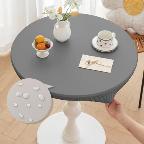 Morbuy Mantel Antimanchas Redondo 110 cm, PU Cuero Impermeables Manteles de Mesa, Elastico Ajustable Gris Manteles para Hogar Cocina Comedor Jardín Café(para Mesa 90-100cm)