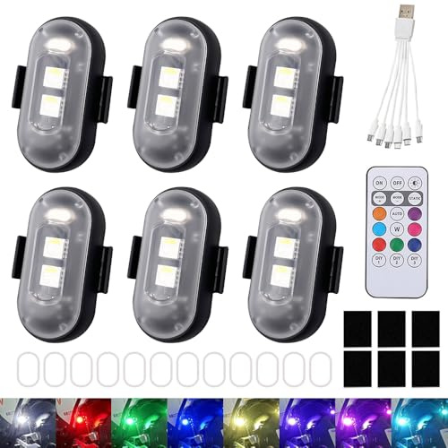 DAJASD 6 pezzi Strobe Drone Light, 8 colori senza fili, luci LED per aereo con telecomando, ricarica USB, luci anti-collisione