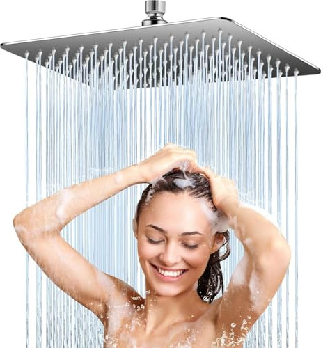 Kezidhp Doccia Soffione Quadrato 30x30 cm in Acciaio Inox 304 - Design Ultra Sottile con 144 Ugelli Anticalcare, Regolazione 360°, Installazione Parete/Soffitto, Pulizia Facile e Durata nel Tempo