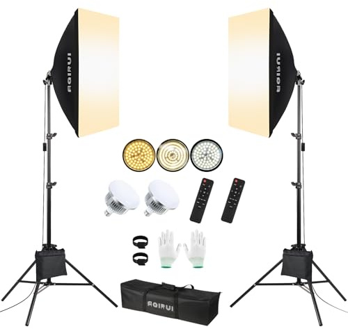 AQIRUI Softbox Set Photo Studio，2x85W Réglable Softbox, Lampe 3000-6500K avec Trépied de 2m et Sac de Sable pour Les Vidéos Youtube, Les Portraits de Studio, la Diffusion en Direct