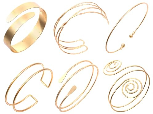 Mikovivi 6pcs Arm Cuff Bracelets for Women, 6 Styles Open Adjustable Upper Arm Bangle Set Creative Fashionable Armband Jewelry for Weddings Parties Daily Wear (Gold)