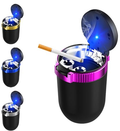 BWBWND Car Ashtray with Lid, Detachable Stainless Steel Smokeless Ash Tray with LED Blue Light, Waterproof Portable Mini Auto Trash Can for Vehicle Cup Holder, Car Accessories (Purple)