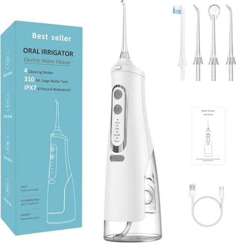 oryzomPro Kabellose Munddusche mit 4 Modi – 310 ml Wassertank, IPX7 Wasserdicht – Water Flosser für Zahnfleisch & Zahnreinigung Zuhause & Reisen (Weiß)
