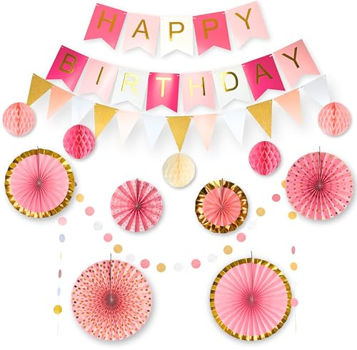 LowCarbonLife Geburtstagsdeko Rosa Geburtstag Party Deko – Happy Birthday Girlande, Wimpelkette, Wabenbälle & Papierfächer – Wiederverwendbare Deko Geburtstag für Kinder (Mädchenparty)
