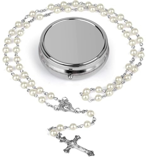 Rosary Beads,Pearls Rosary Bead Catholic Women Necklace White Artificial Pearl & Cross Kids Communion Confirmation Gifts with Jewel Box Girls Solid Color Necklaces Ornaments Accessory for Teenagers