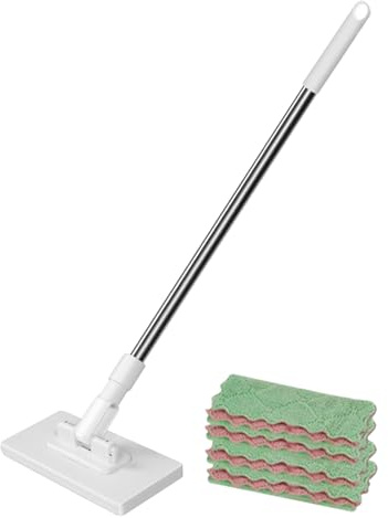 Mopa con Clip - Fregona Plana con Mango Largo Telescópico De Acero Inoxidable - Mopa con 4 Paños De Repuesto para Limpieza De Suelos De Madera, Suelo De Baldosas, Cristales
