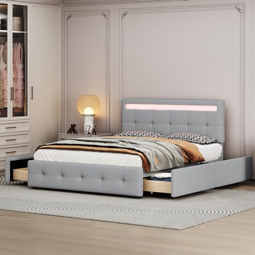 Polsterbett mit LED Beleuchtung Lattenrost und Bettkasten auf Rollen Doppelbett mit Kopfteil und 4 Schubladen Leinenstoff stabil platzsparend Kinderbett Jugendbett