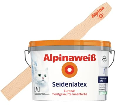 Alpinaweiß Seidenlatex Weiß – Wandfarbe – inkl. gratis Rührholz – 1 Liter