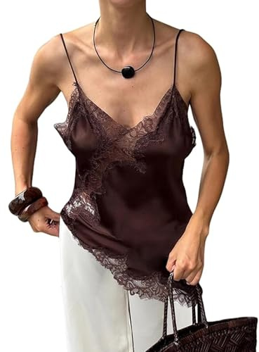 Springcmy Haut asymétrique en satin de soie avec bordure en dentelle pour femme avec bretelles spaghetti et fente latérale, Marron, M