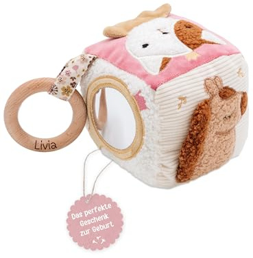 wunderwunsch Jollein Stoffwürfel personalisiert. Spielwürfel Baby, Motorikspielzeug für Kinder, Geschenk zur Geburt, Motorikwürfel, Kuscheltier, Spielzeug (Katze)