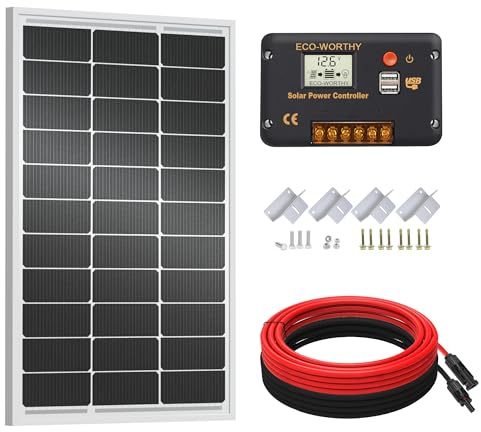 ECO-WORTHY kit panel solar 100W 12V para autocaravanas y embarcaciones | Panel solar monocristalino de 100W + regulador de carga solar 30A + cable solar + soportes Z Para bateria 12V